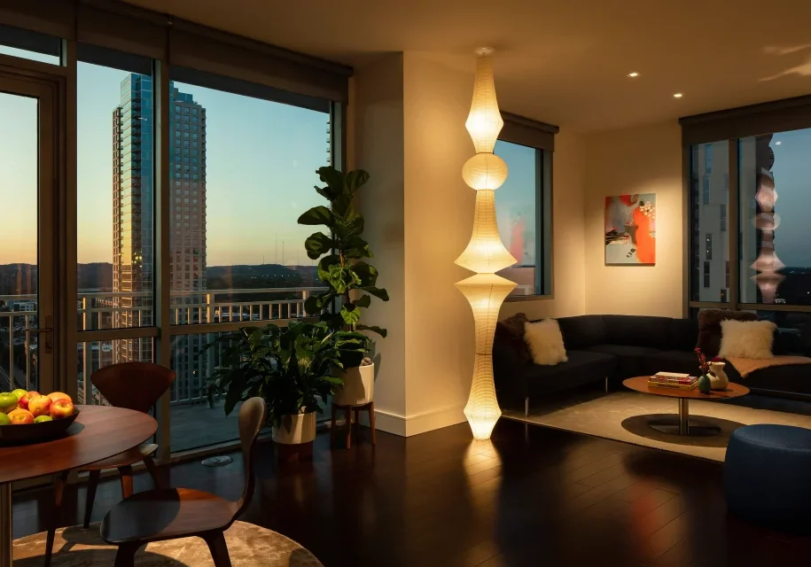 Intelligent lighting solutions for your home. Room shown during dusk.