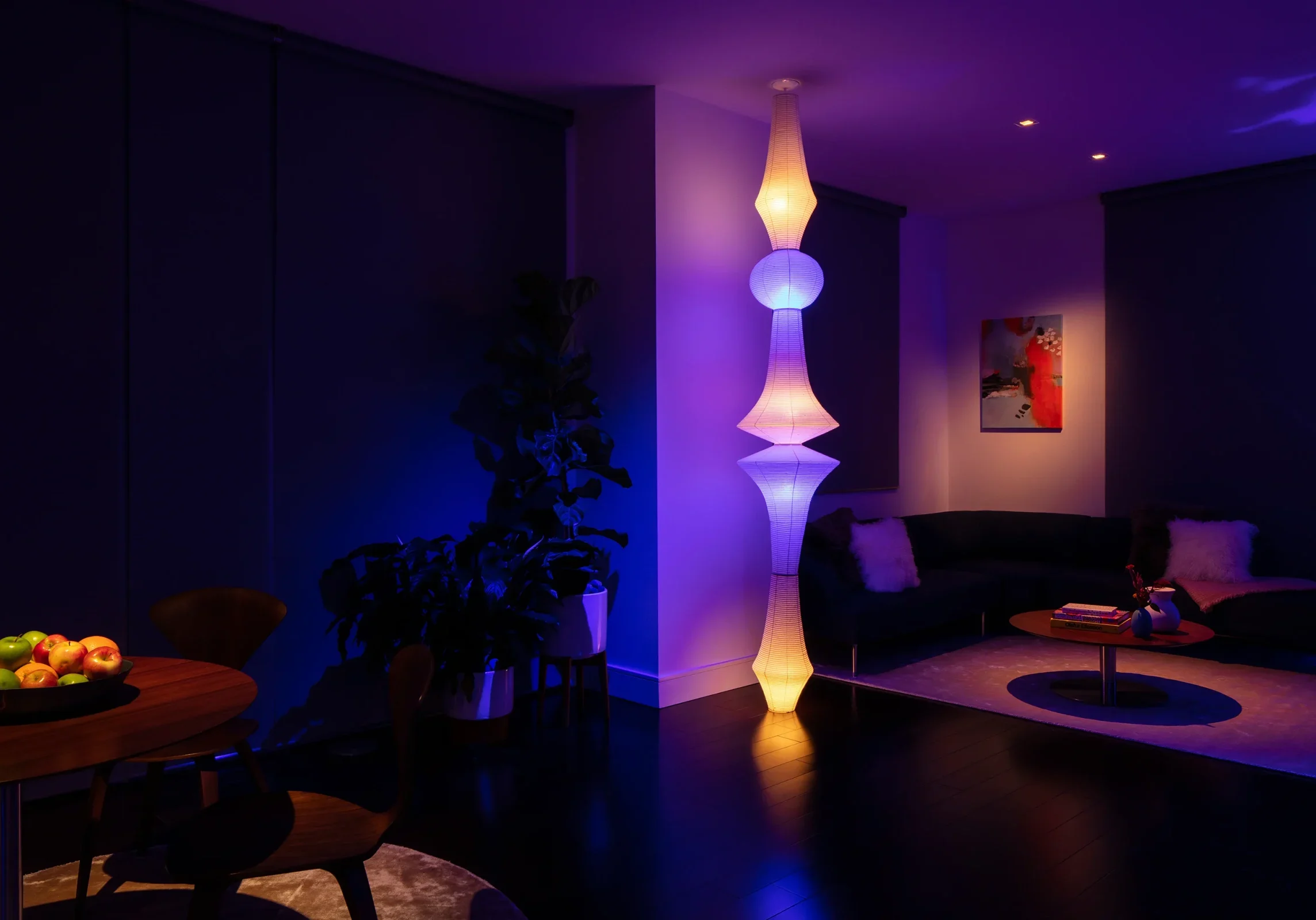 Intelligent lighting solutions for your home. Room shown during night.